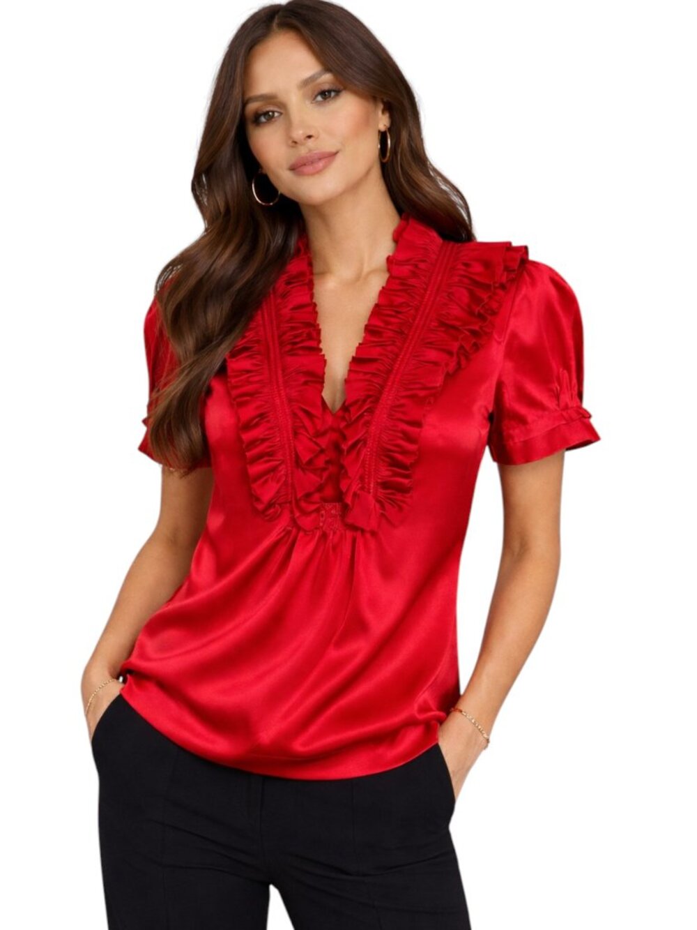 BCBG Max Azria Silk Ruffle V-Neck Blouse Red XS